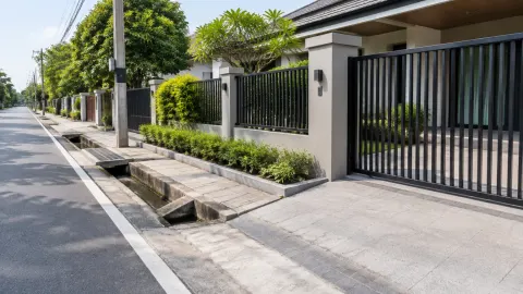 Pagar dan gerbang rumah di tepi jalan umum