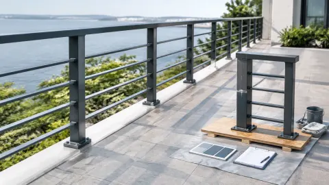 Contoh tiang dan catatan kerja pada balkon berpagar logam
