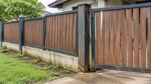 Pagar kayu dan logam dengan noda karat pada tiang