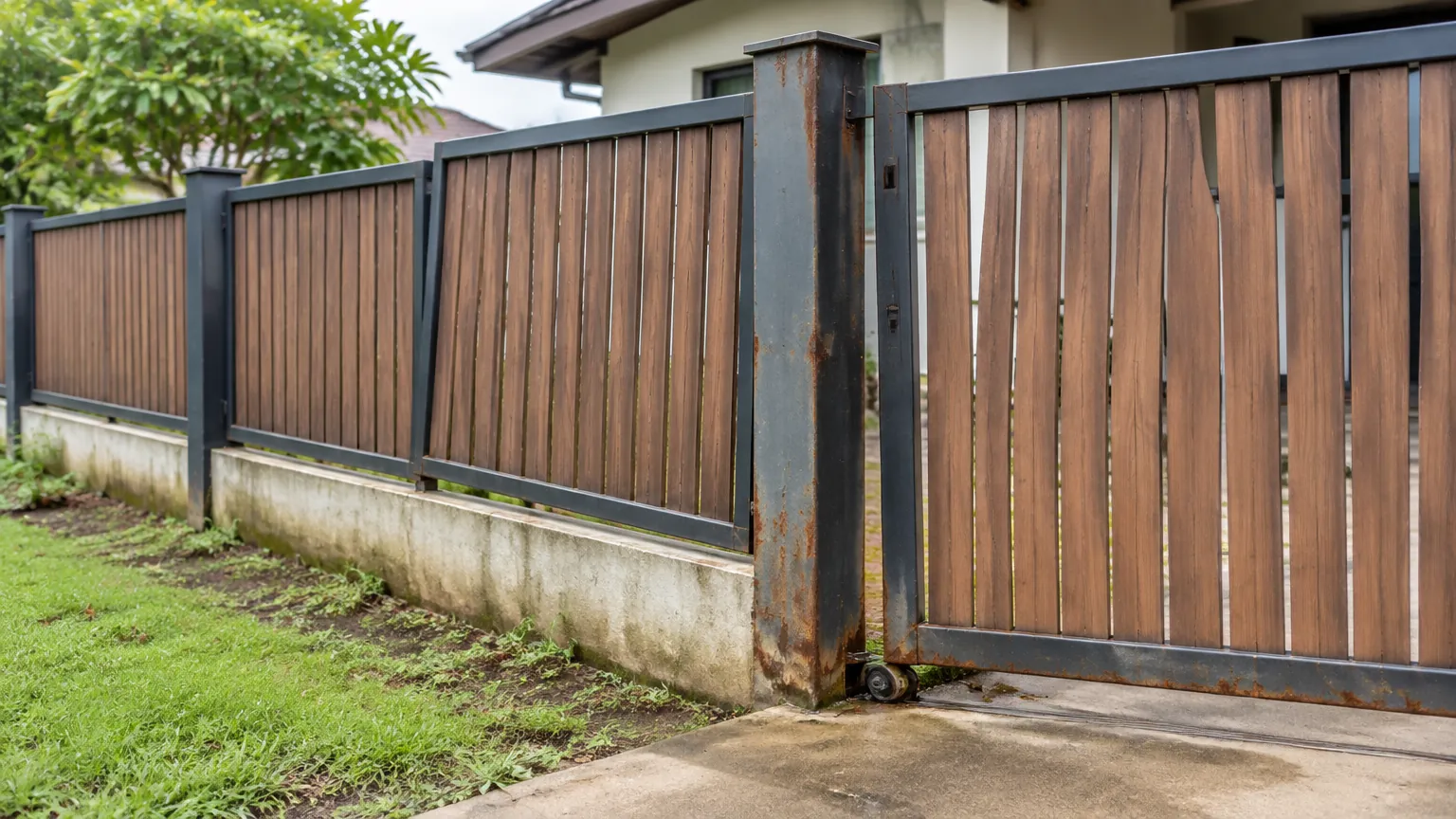 Pagar kayu dan logam dengan noda karat pada tiang