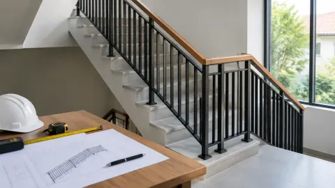 Railing hitam pada tangga rumah yang sedang dikerjakan