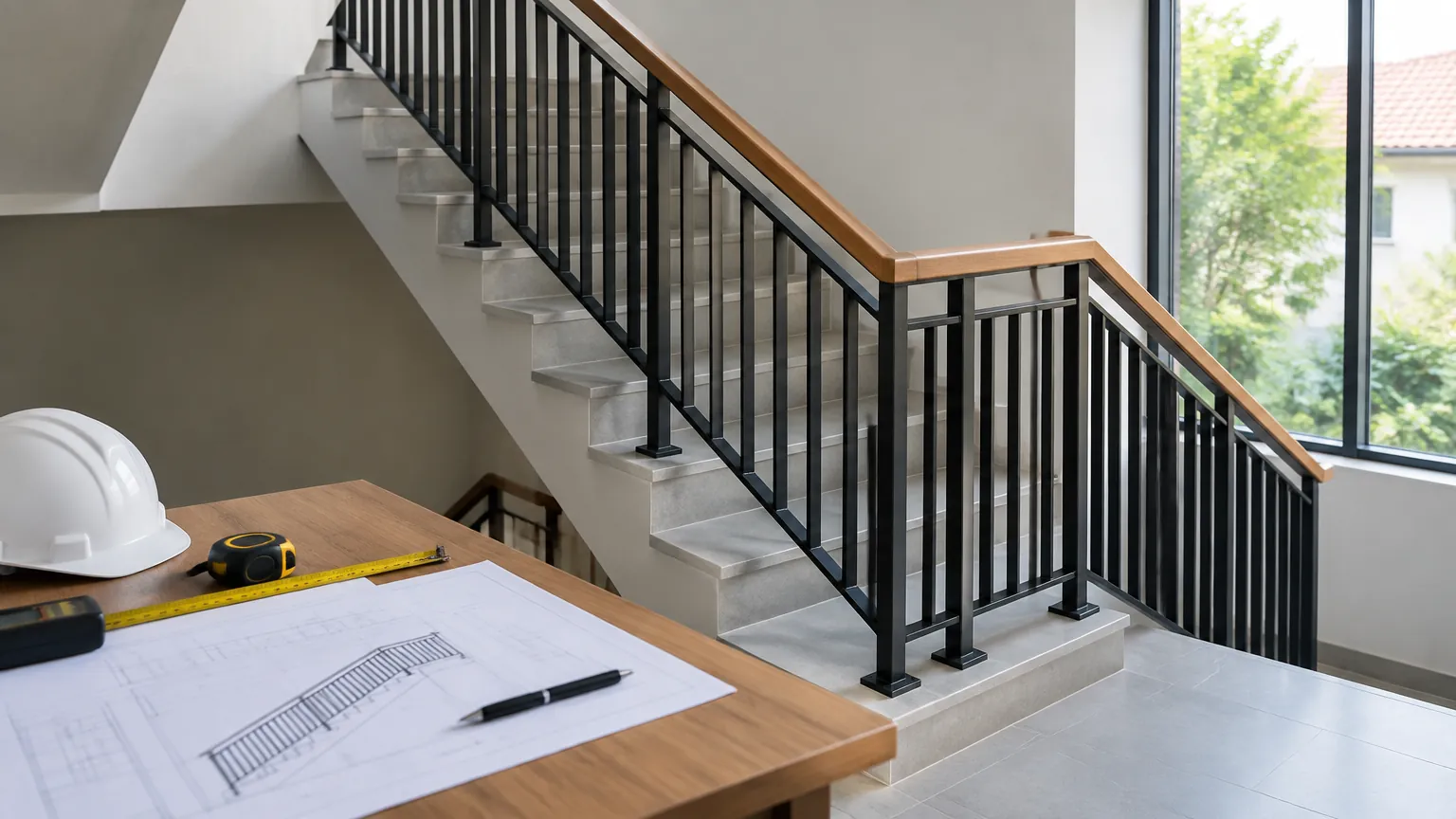 Railing hitam pada tangga rumah yang sedang dikerjakan