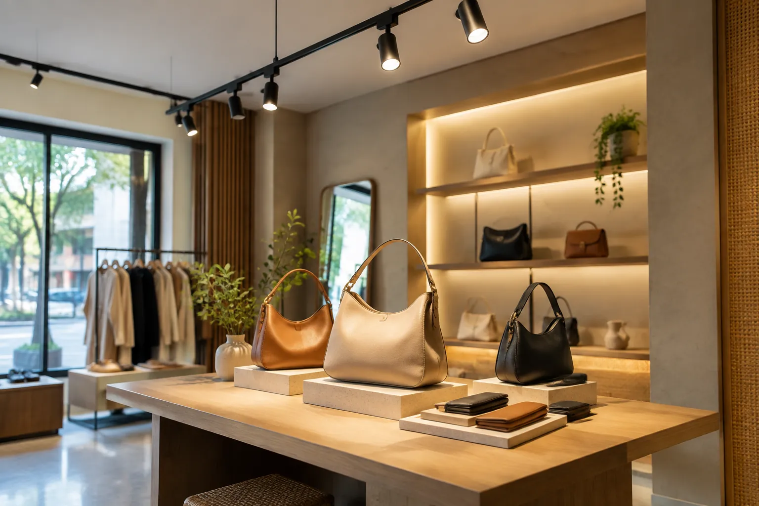 Lampu sorot menerangi tas pada rak display toko