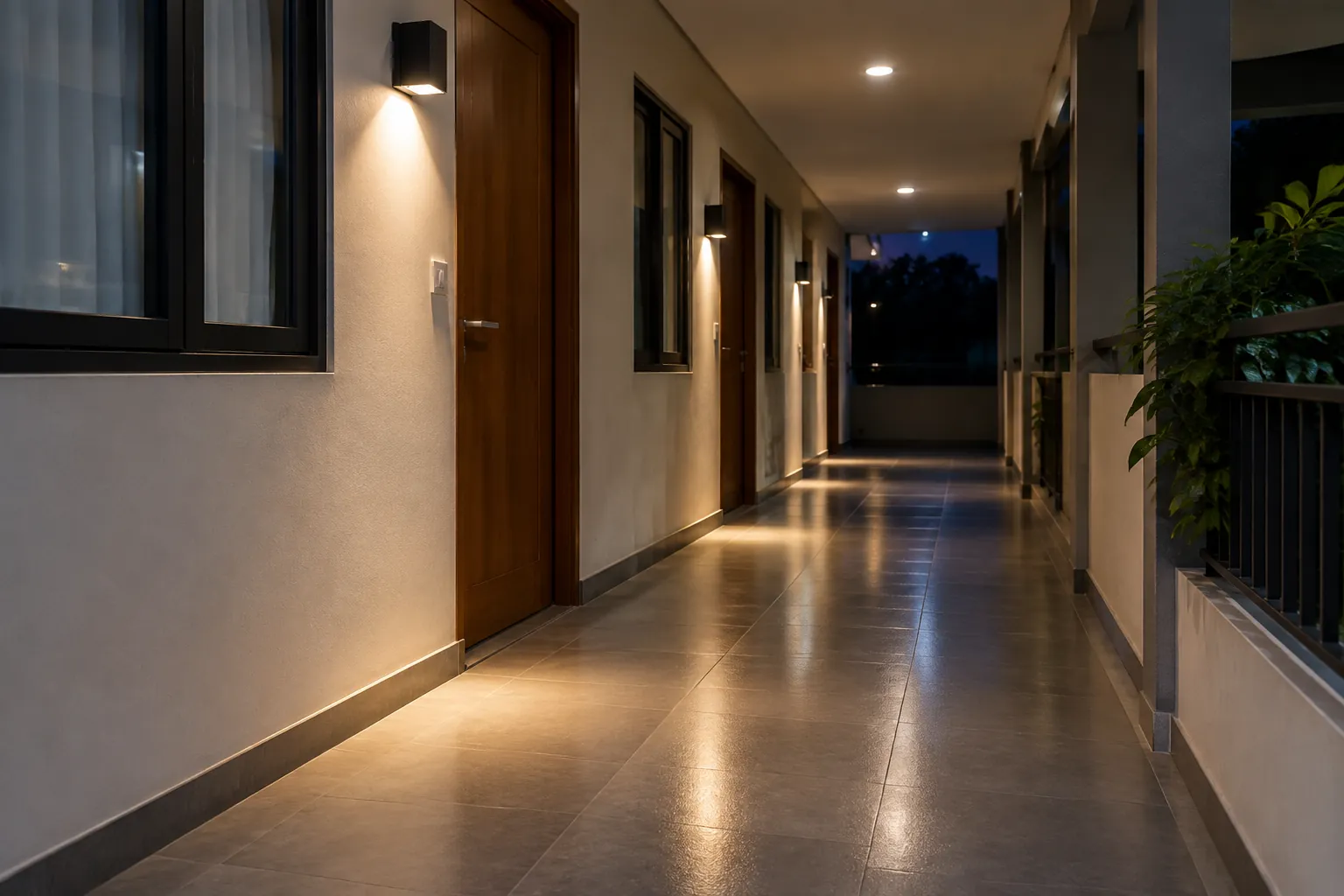 Lorong rumah terlihat pada malam hari dengan lampu dinding menyala