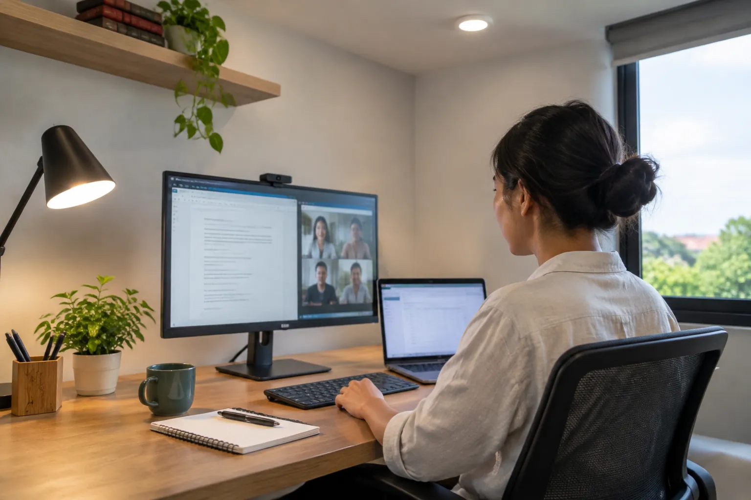 Seseorang bekerja di depan monitor pada meja dekat jendela