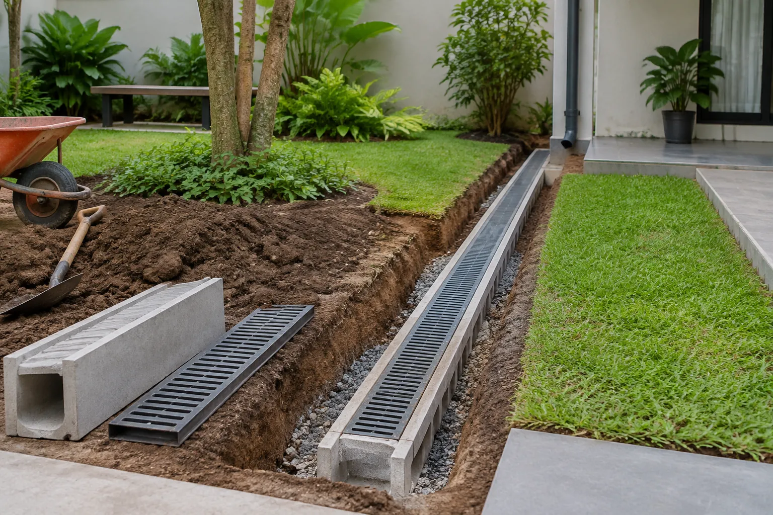 Parit drainase baru digali di samping rumput dengan komponen saluran disiapkan