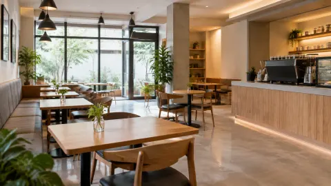 Ruang kafe dengan meja pelanggan dan area bar