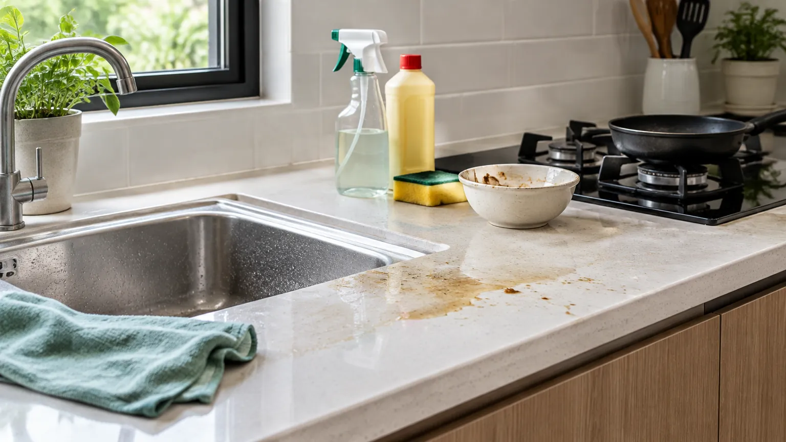 Meja dapur dengan noda dan peralatan pembersihan