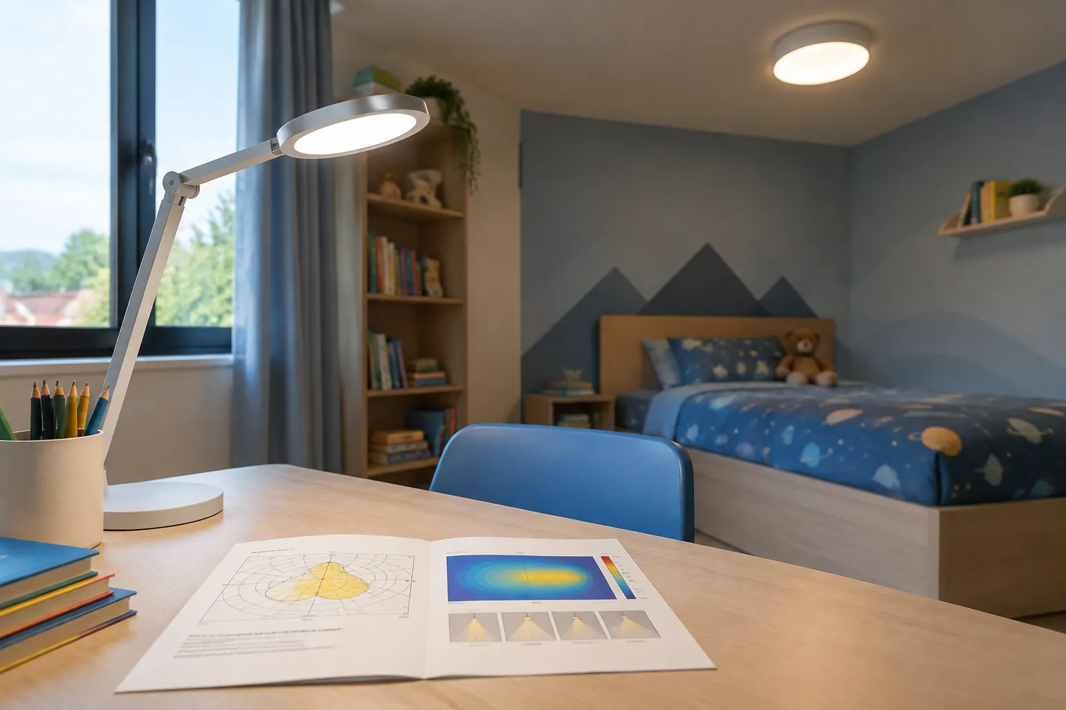 Lampu meja dan contoh rencana cahaya pada kamar anak