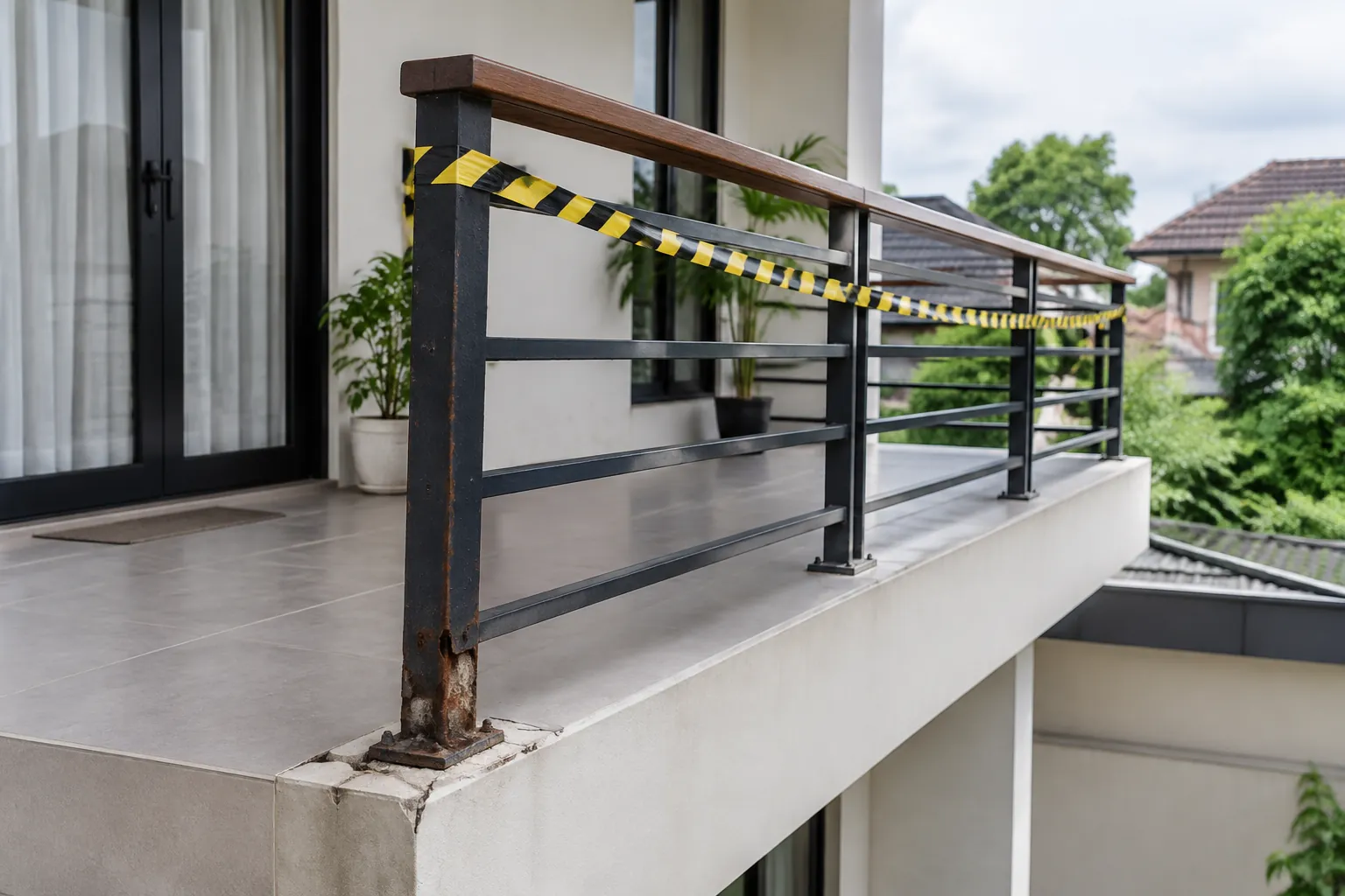 Pagar balkon bermasalah diberi pita pembatas sementara