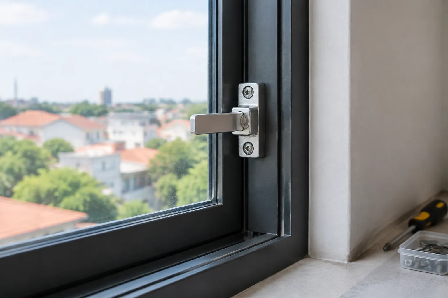 Detail kait dan bingkai jendela aluminium dekat bukaan