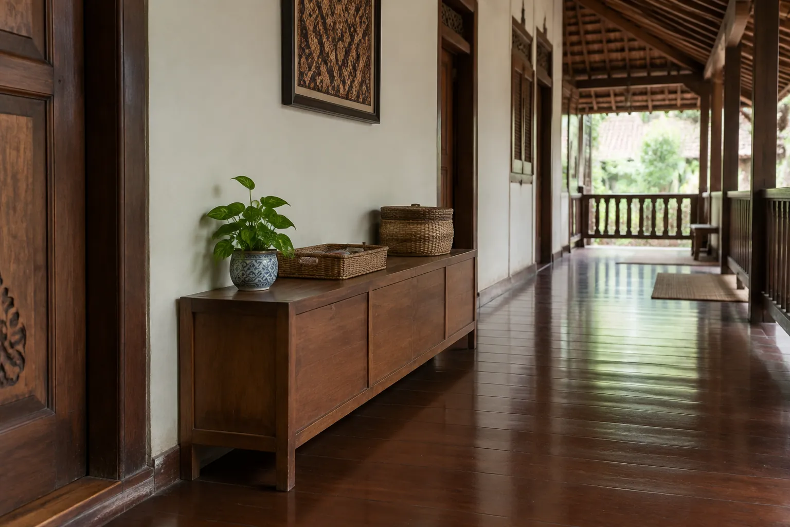 Meja konsol kayu di tepi lorong rumah tradisional