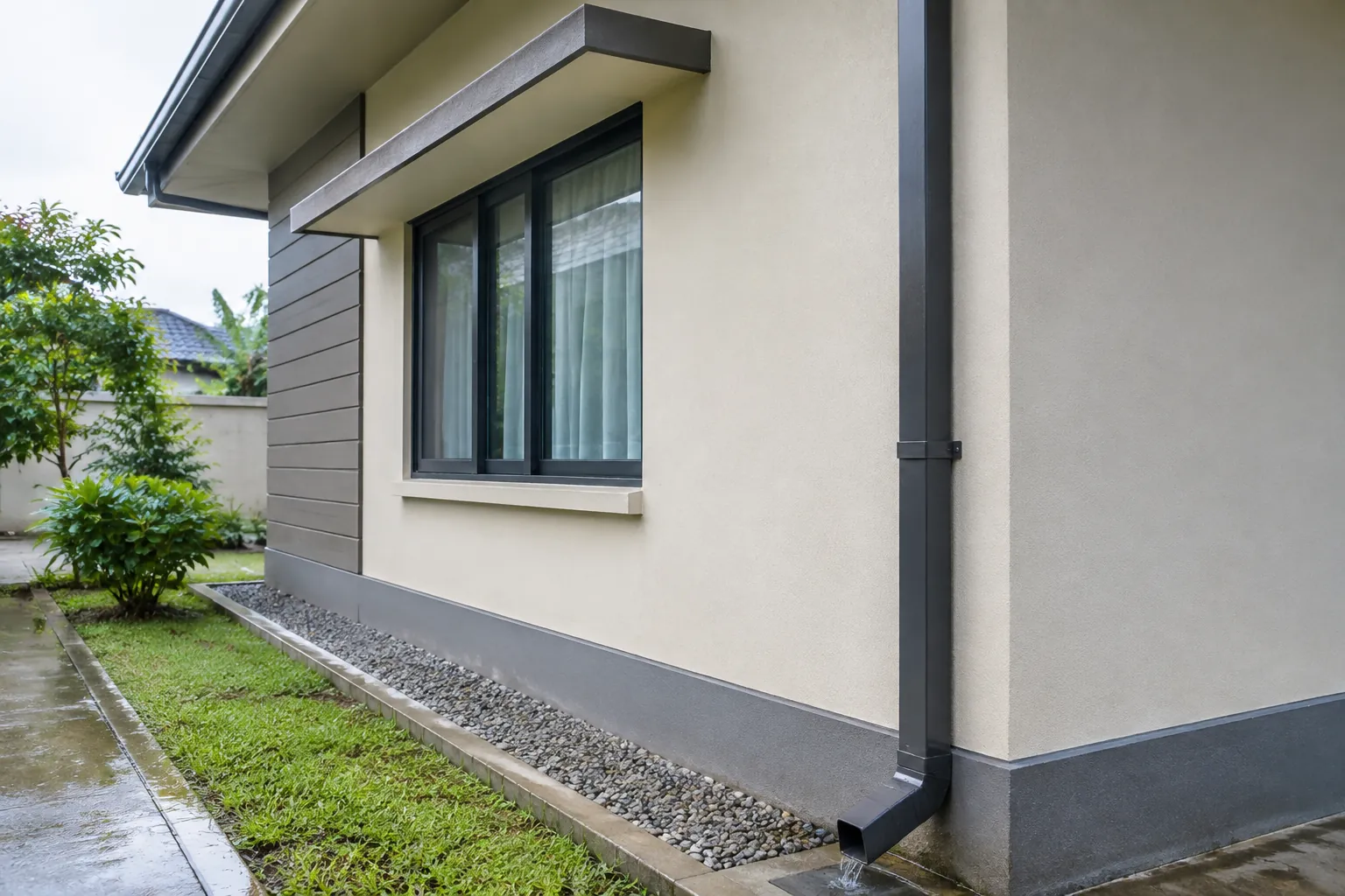 Dinding rumah dengan pipa air hujan dan saluran di bawahnya