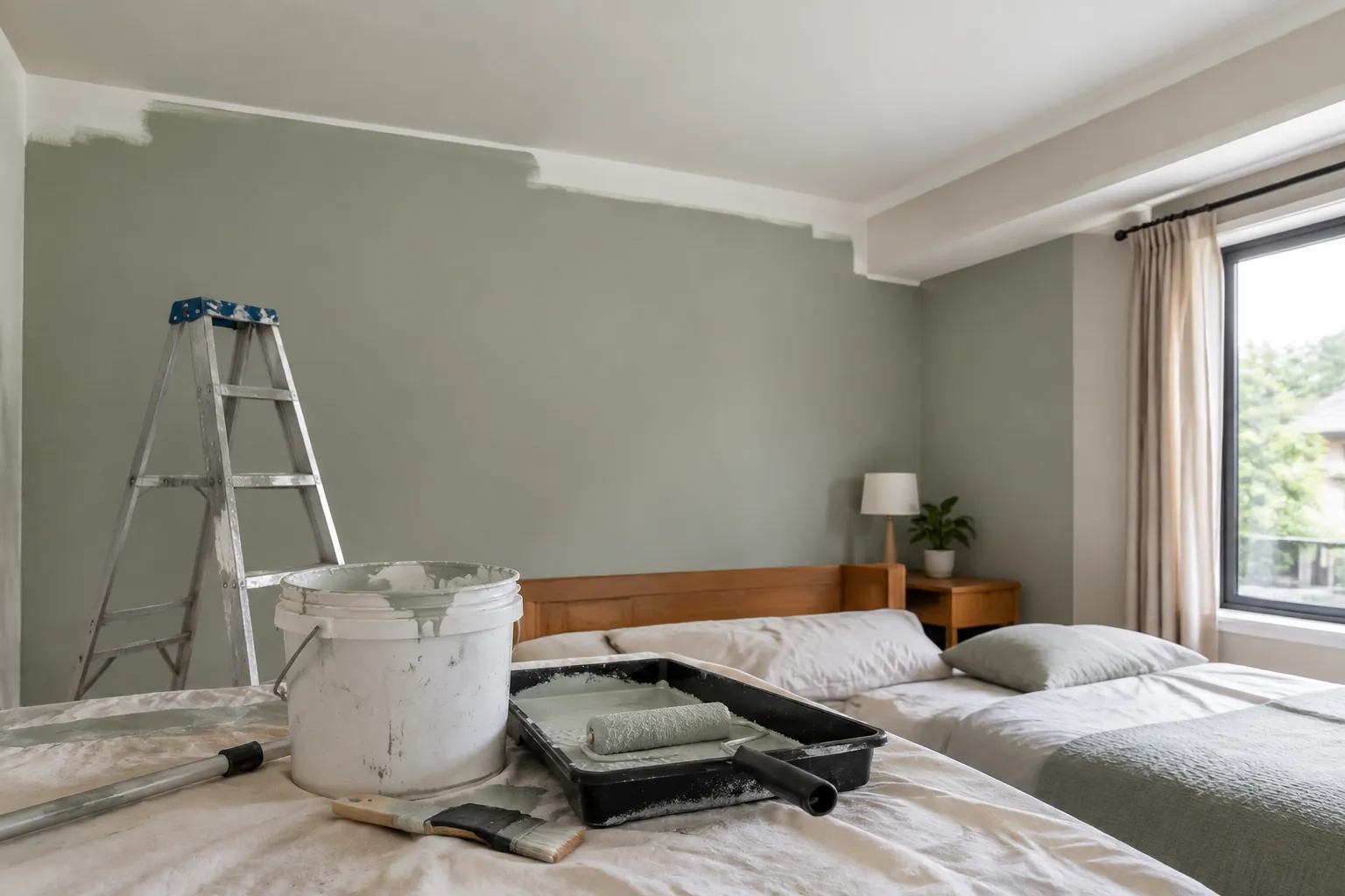Dinding kamar tidur sedang dicat dengan peralatan terlindung
