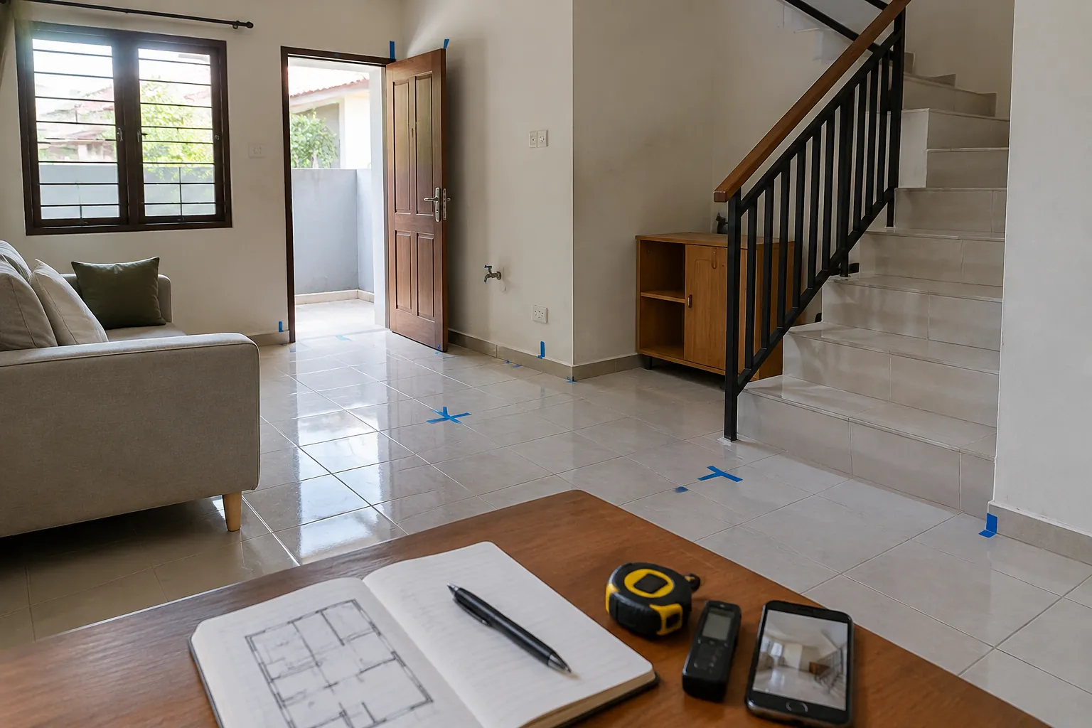 Lantai rumah ditandai sementara saat perencanaan renovasi