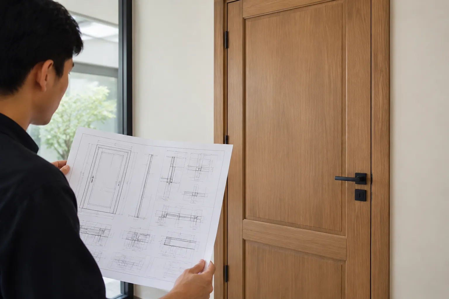 Seseorang melihat gambar rancangan di depan pintu kayu