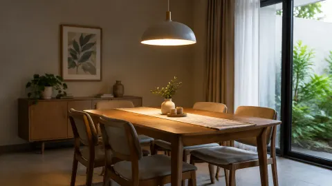 Ruang makan dengan lampu gantung di atas meja kayu