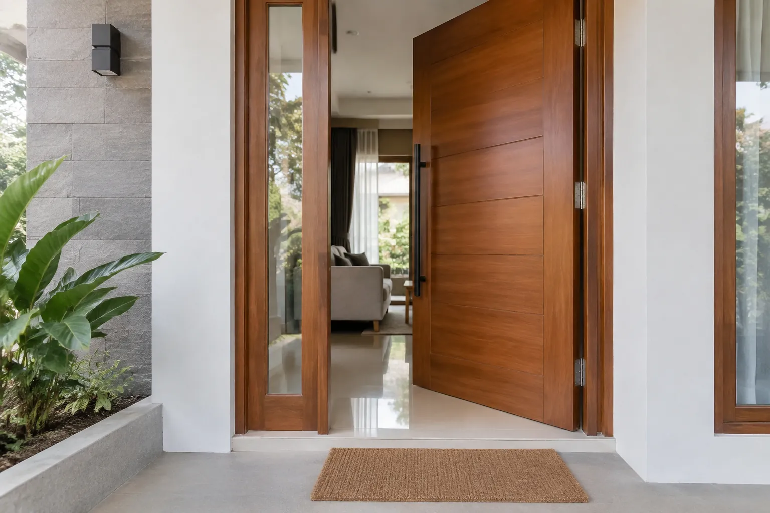 Pintu utama kayu terbuka pada fasad rumah