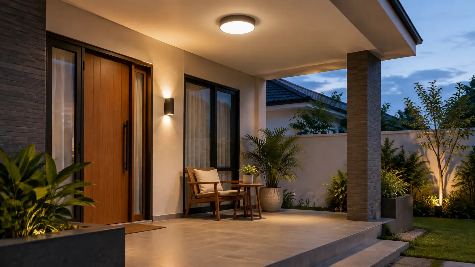 Teras rumah dengan beberapa lampu di plafon dan dinding