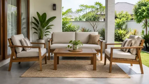 Sofa dan kursi kayu tersusun di teras beratap menghadap taman