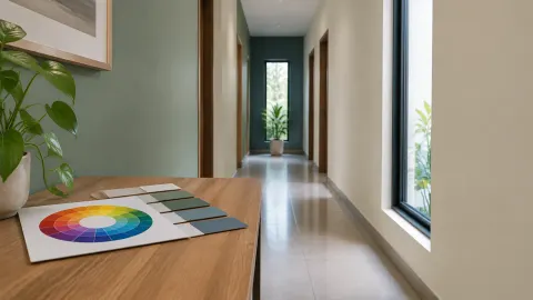 Koridor rumah dengan palet warna dan roda warna di meja dekat pintu