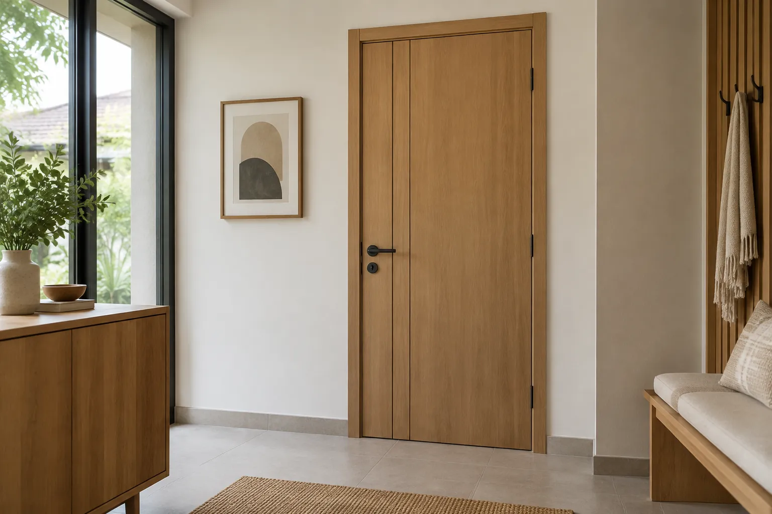 Pintu kayu sederhana dengan gagang gelap di ruang masuk