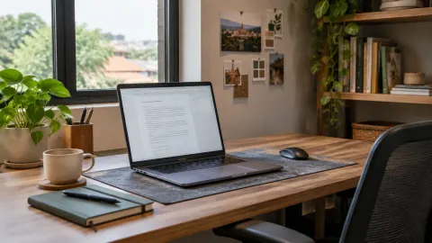 Meja kerja dengan laptop di depan rak buku
