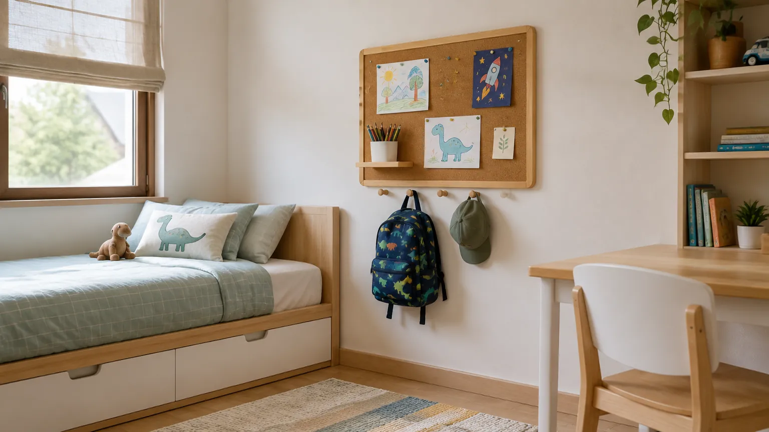 Kamar anak dengan gantungan tas dan karya di dinding