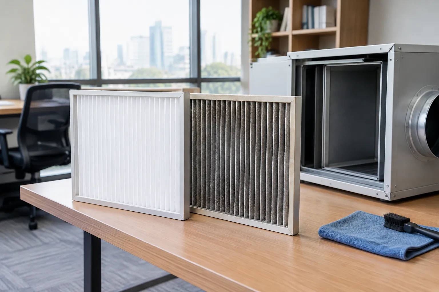 Dua filter udara dilepas di depan unit ventilasi ruang kerja
