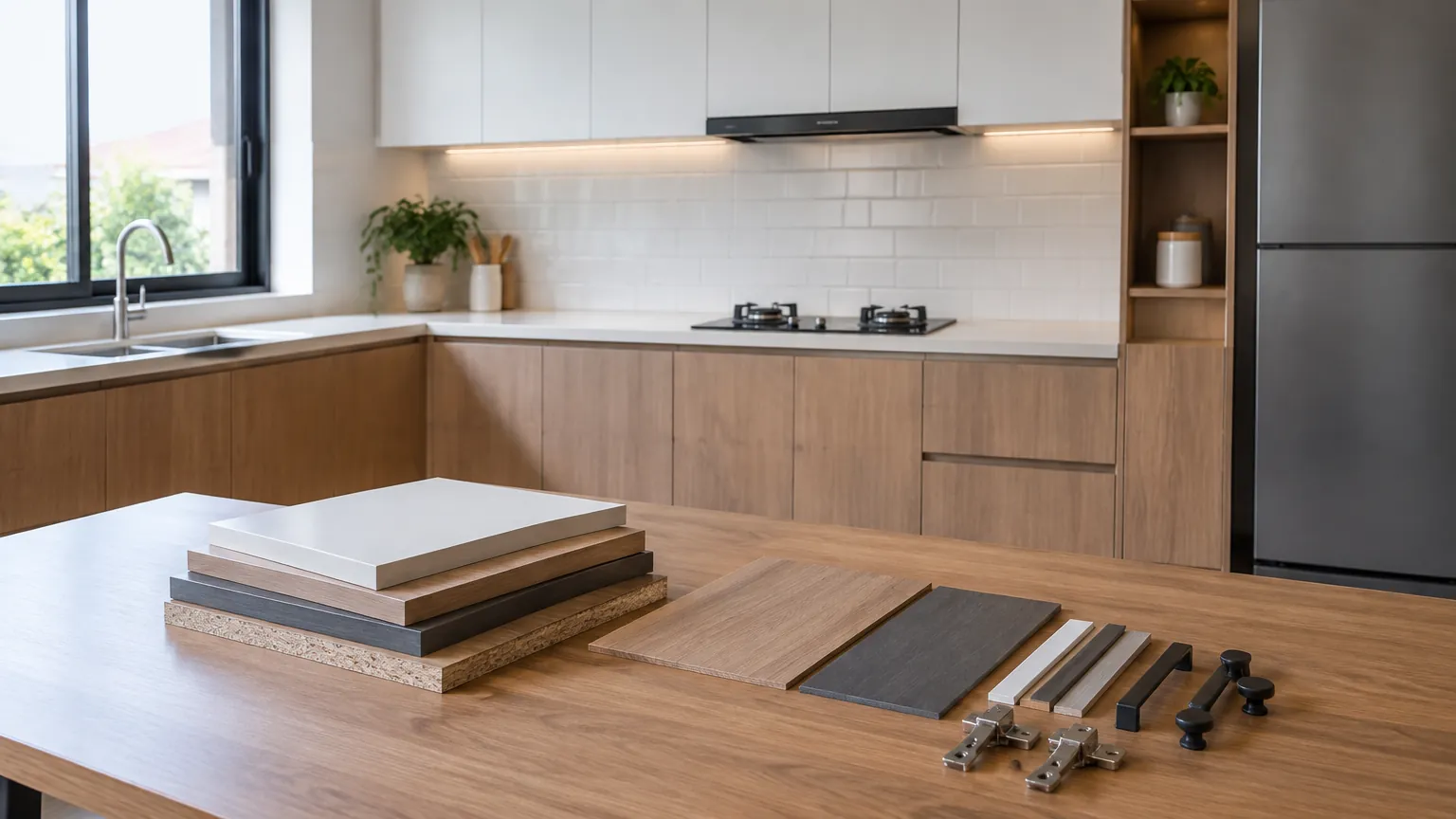 Dapur dengan sampel kabinet dan perangkat pemasangan
