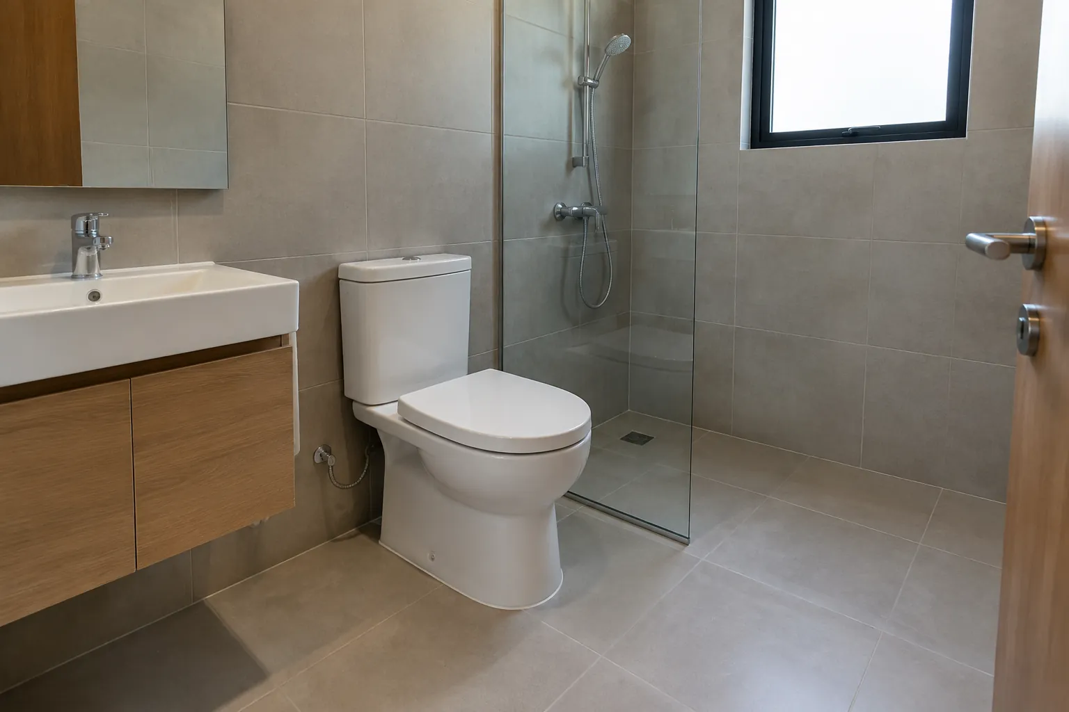 Kloset, wastafel, dan area pancur yang terpasang pada kamar mandi