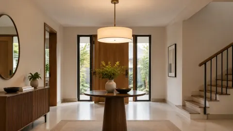 Foyer dengan lampu gantung di atas meja bundar