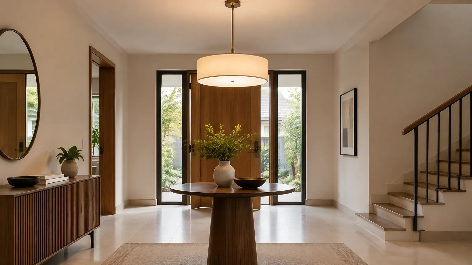 Foyer dengan lampu gantung di atas meja bundar