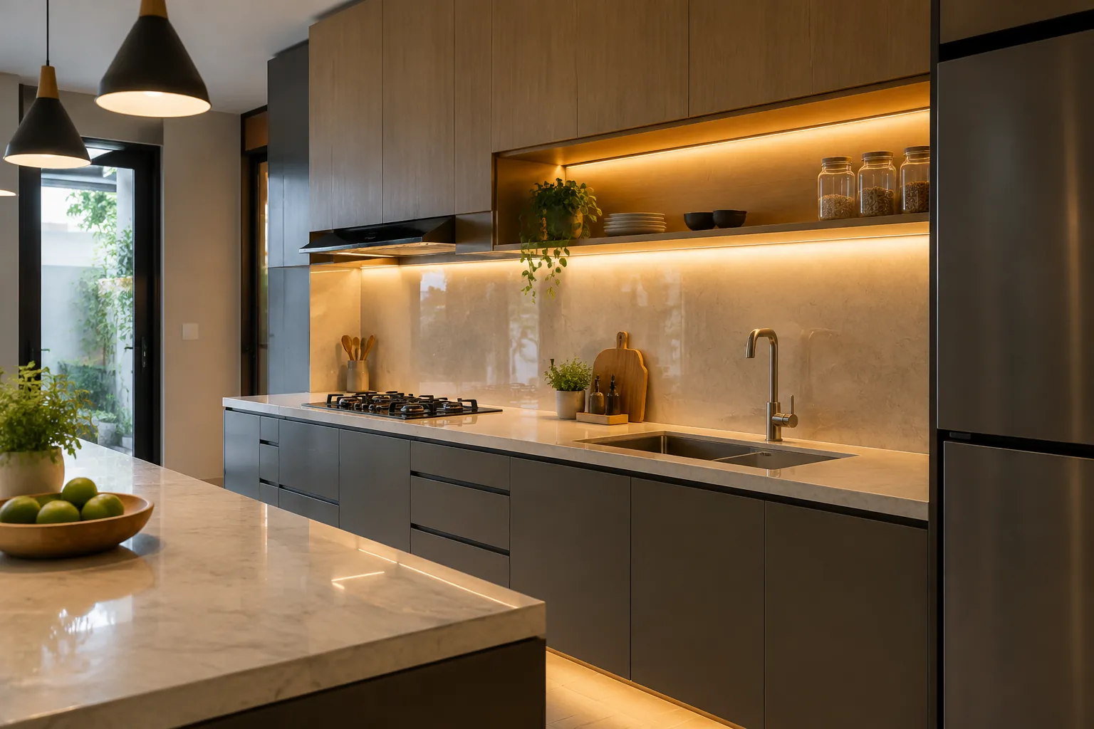 Lampu bawah kabinet menyinari meja dapur