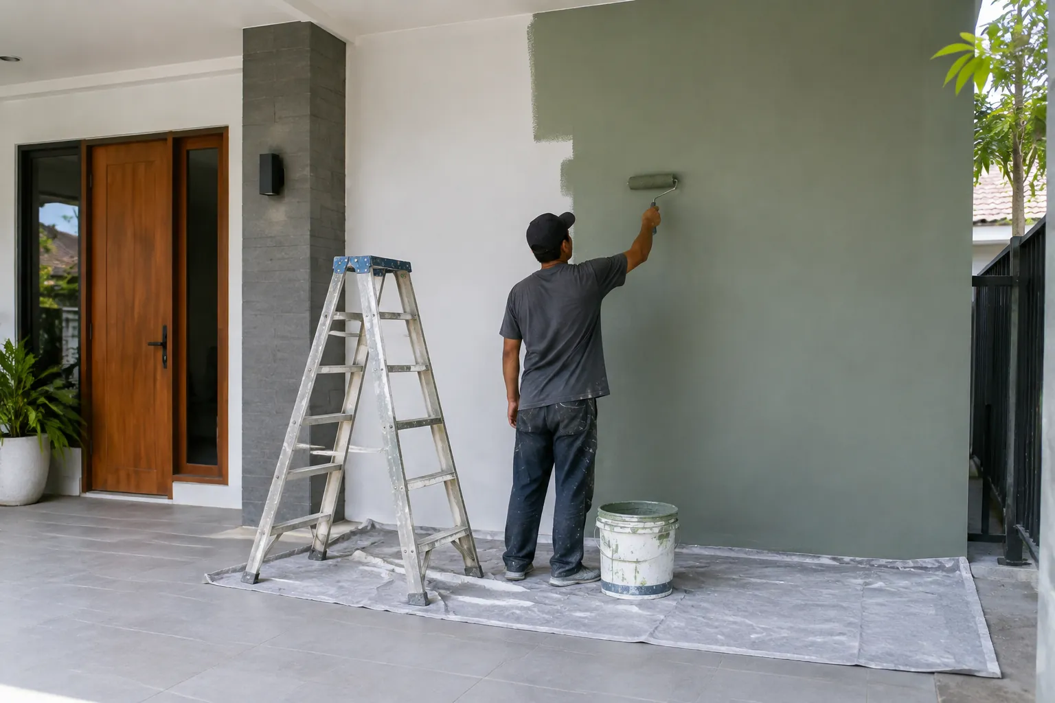 Pekerja sedang mengecat.
