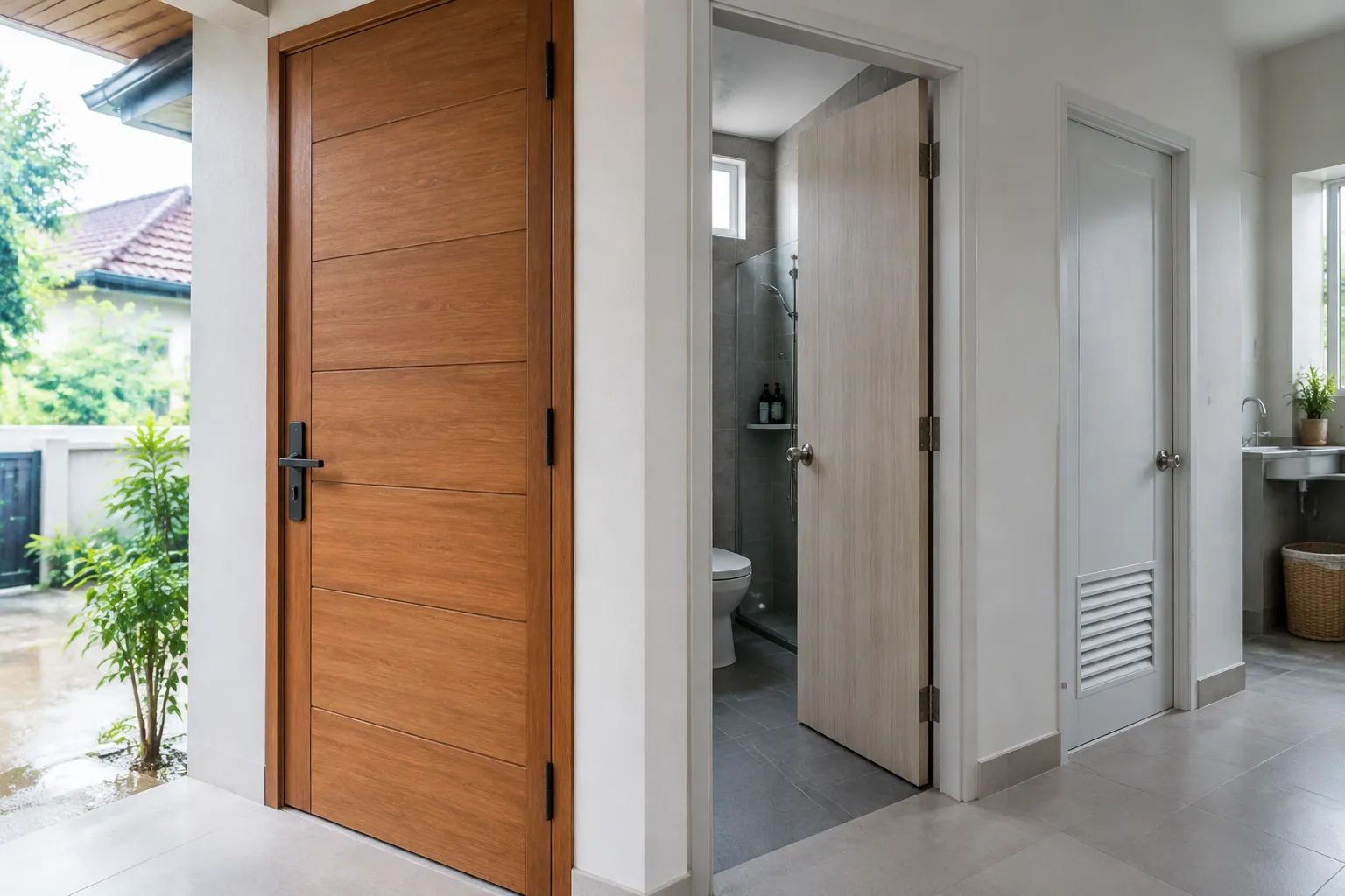 Pintu kayu luar di samping pintu menuju kamar mandi