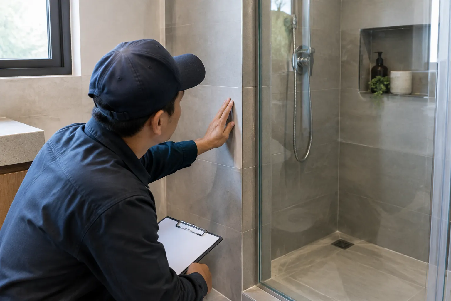 Orang memeriksa shower.