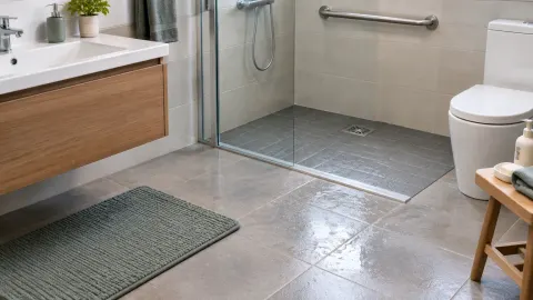 Lantai kamar mandi dengan area pancuran dan saluran air
