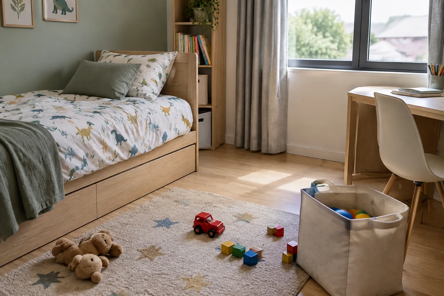 Kamar anak dengan mainan dan tempat tidur berlaci
