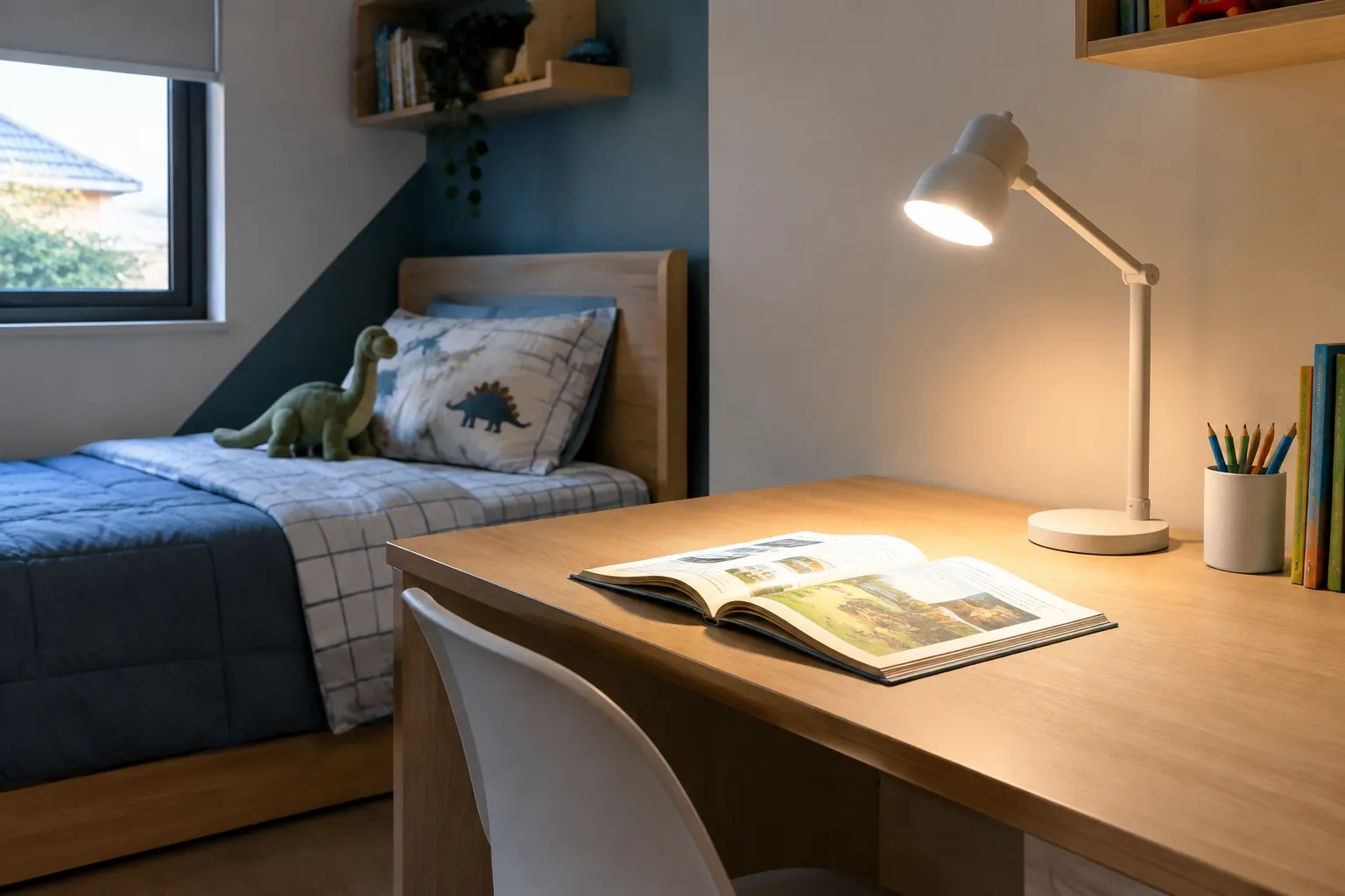 Lampu meja menerangi buku pada meja belajar kamar anak