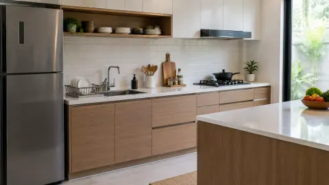 Dapur dengan kulkas, kompor, dan wastafel pada sisi berbeda