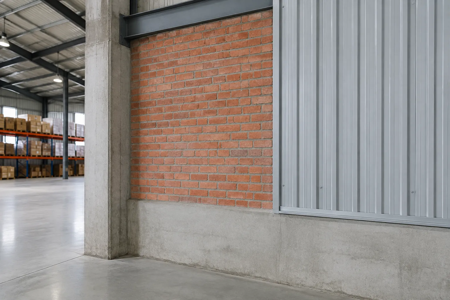 Dinding gudang dengan bata, beton, dan panel logam