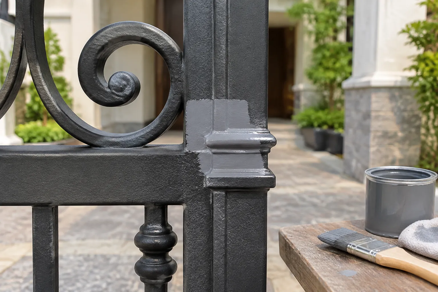 Detail ornamen lengkung pada pagar logam yang sedang disampel
