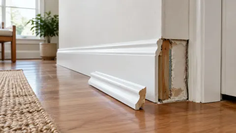 Trim dasar dinding rusak di dekat bukaan pintu