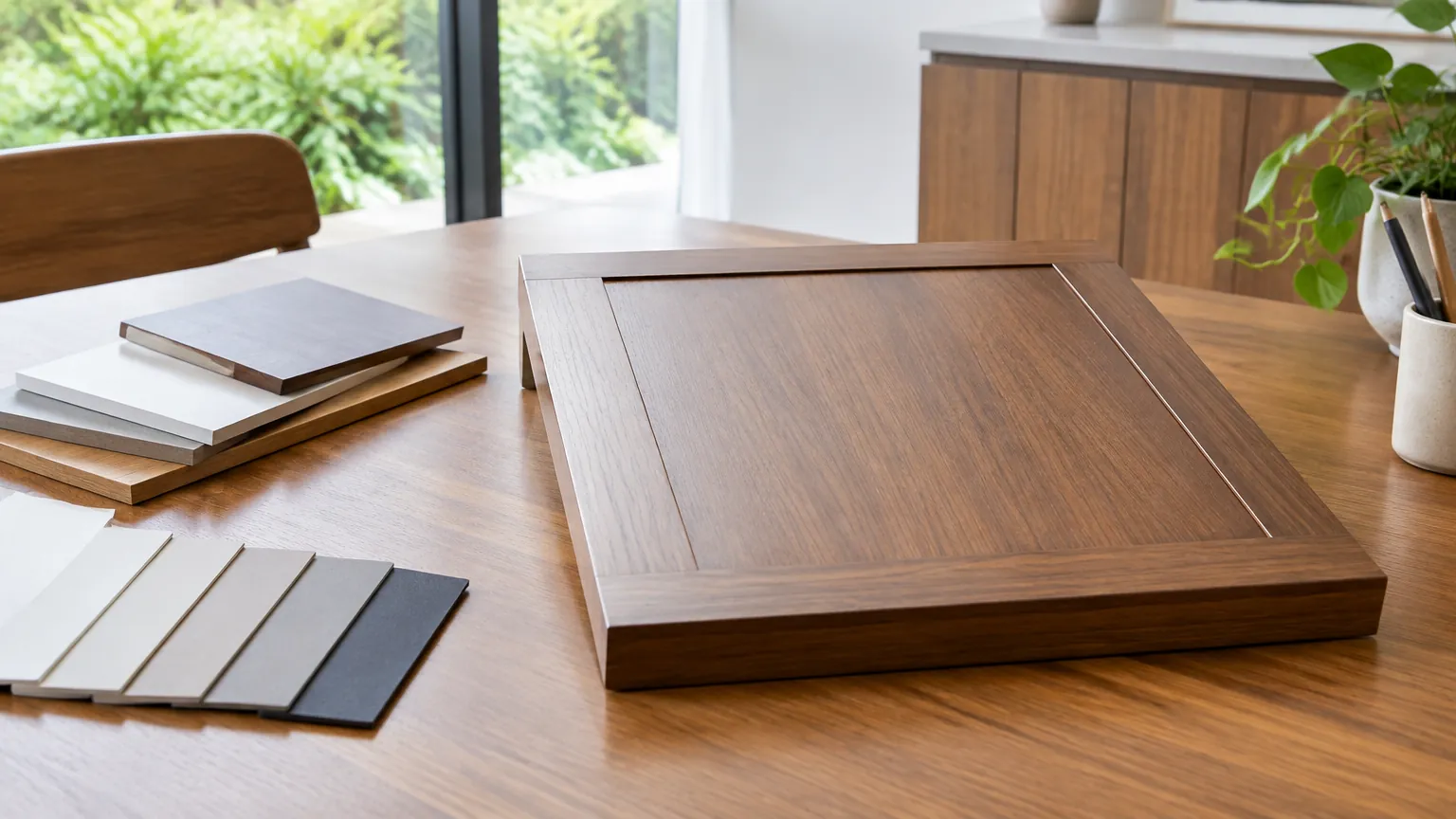 Panel kayu dan contoh finishing furnitur di atas meja