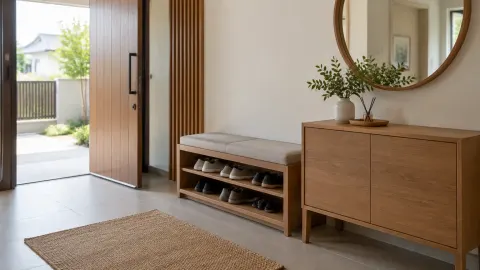 Kabinet sepatu rendah di samping pintu foyer