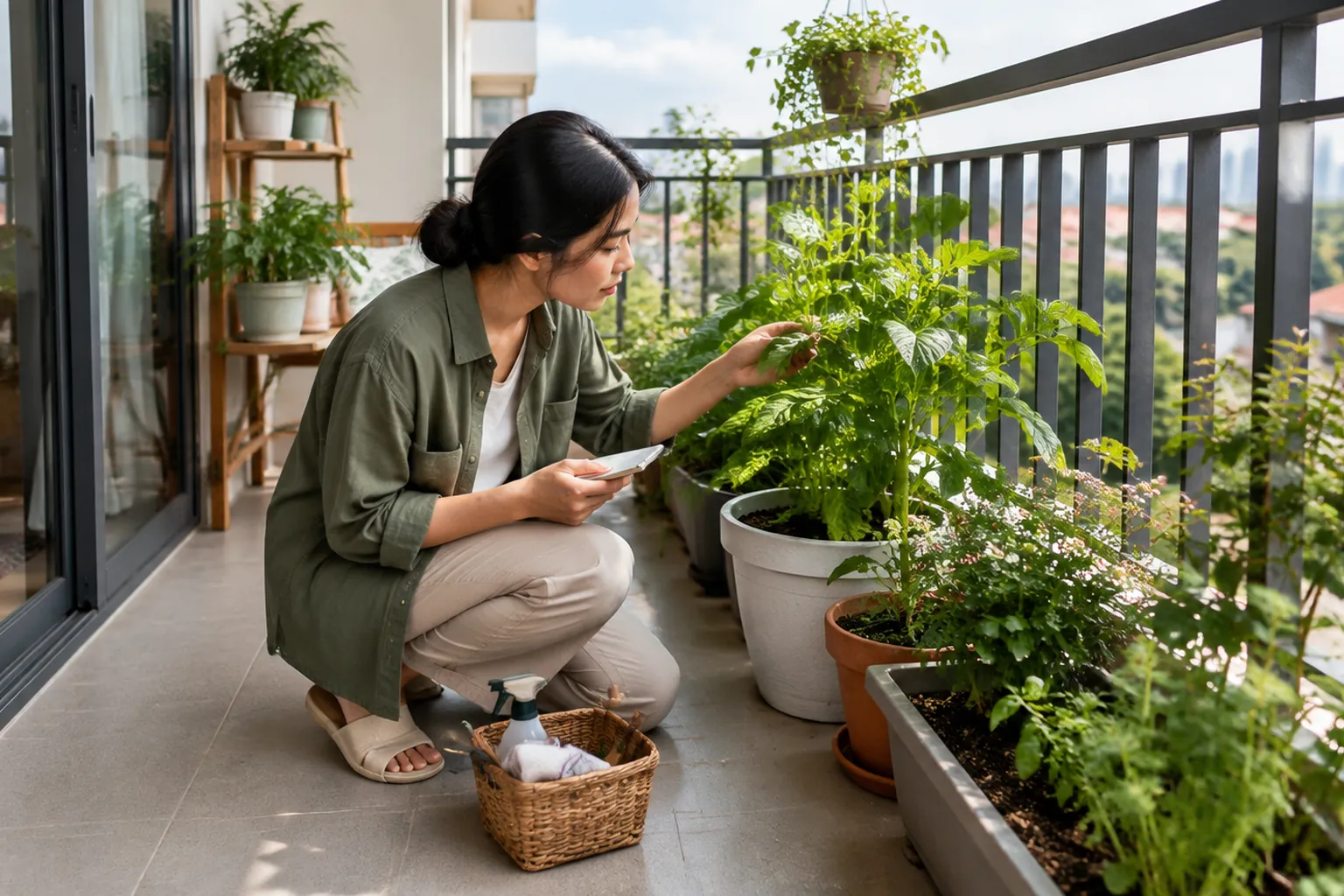 Penghuni memeriksa tanaman pot di balkon