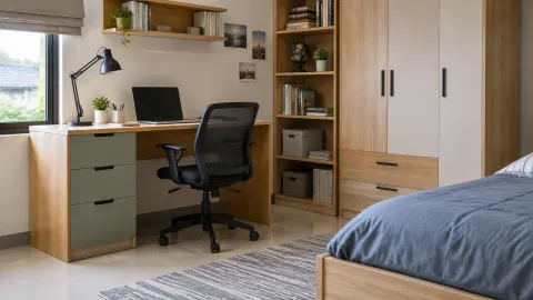 Kamar remaja dengan meja belajar, kursi, lemari, dan tempat tidur