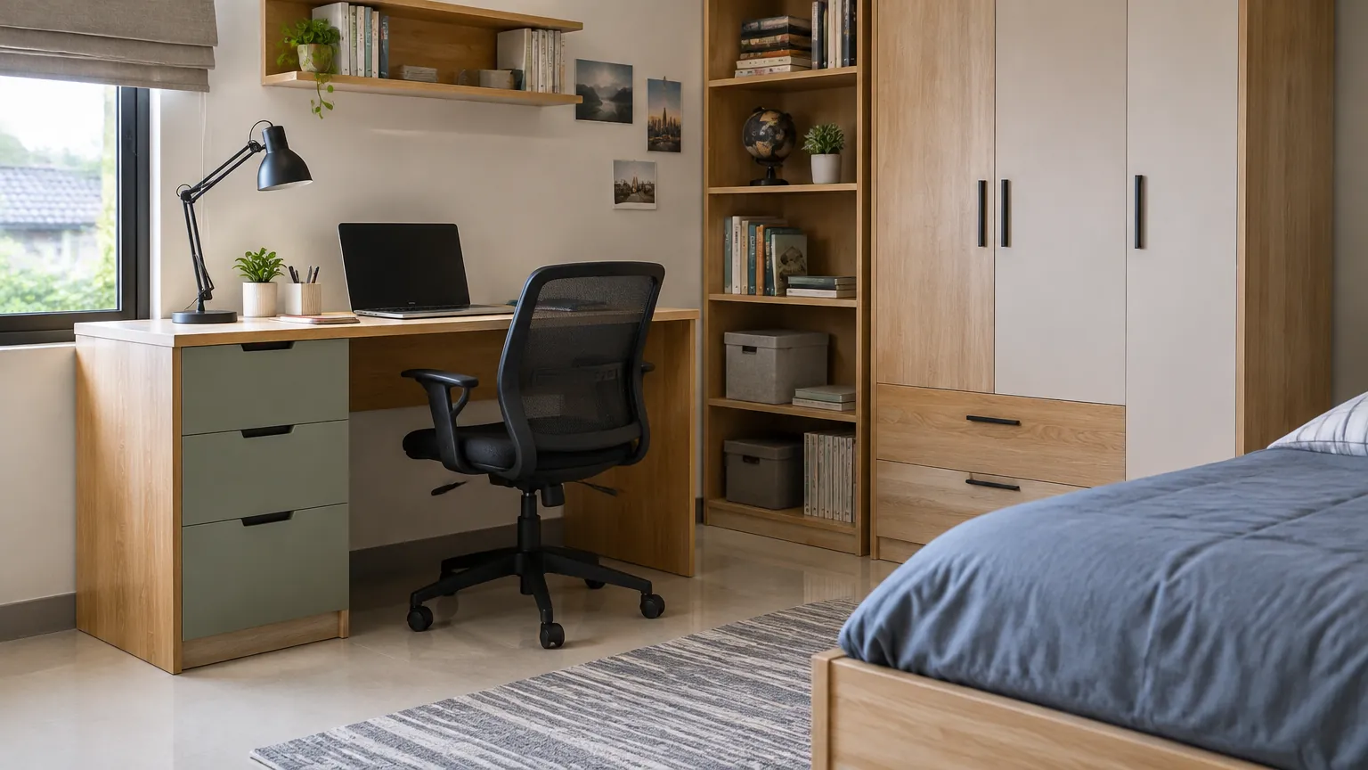 Kamar remaja dengan meja belajar, kursi, lemari, dan tempat tidur