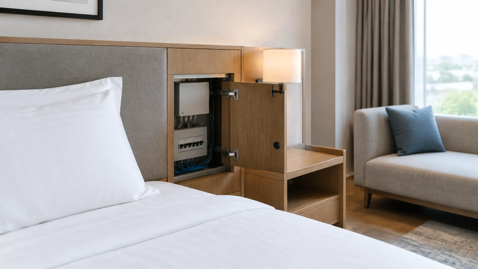 Kompartemen servis terbuka di samping tempat tidur hotel